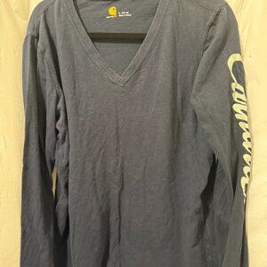 Carhartt Womens Navy V Neck Long Sleeve Logo Tee Size L 12 14